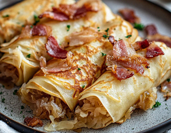 Блины с квашеной капустой и жареным беконом