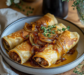 Блины с паштетом из куриной печени и карамелизированным луком