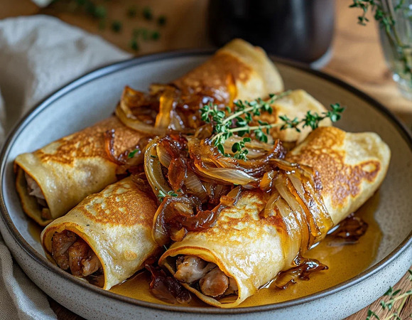 Блины с паштетом из куриной печени и карамелизированным луком